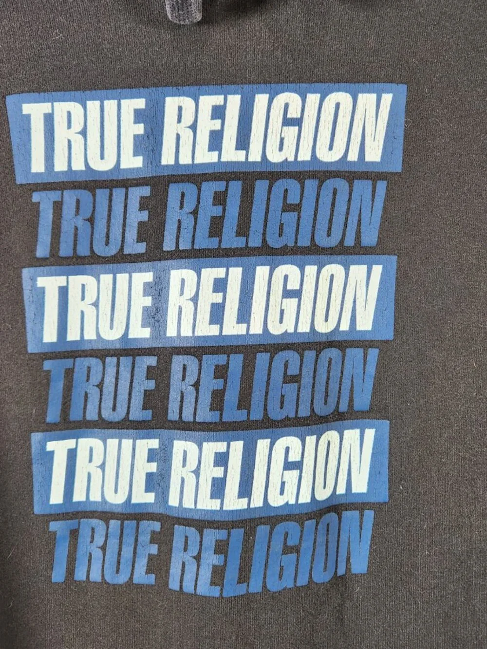 True Religion Sweatshirt Hoodie Mens Size 2XL Black with Blue Logo Print Pockets
